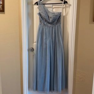 David’s Bridal, One-Shoulder, Dusty Blue Gown